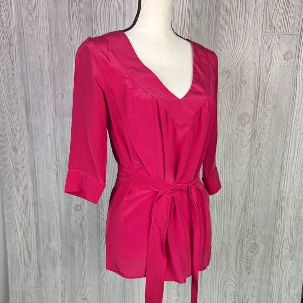 Rory Beca Silk V-Neck Blouse Tunic Waist Tie 3/4 Sleeve Pink Women’s XS